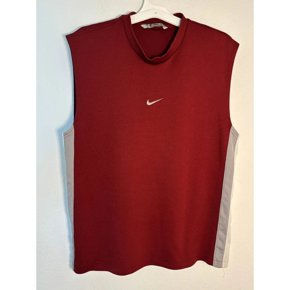 Vintage Nike Sleeveless Mock Neck Training Shirt Red Grey Mesh Men Large Y2K